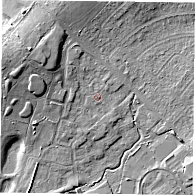 Shaded relief map of the ground around PO77GZ, computed from Environment Agency LiDAR. The ground here sits at about 38 m above sea level and falls 14 m across the surrounding 800 m. Surface water reaching this point runs off ground lying to the west, 0.7 m higher.