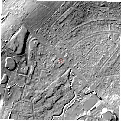 Shaded relief map of the ground around PO77HD, computed from Environment Agency LiDAR. The ground here sits at about 38 m above sea level and falls 13 m across the surrounding 800 m. Surface water reaching this point runs off ground lying to the north, 6.9 m higher.