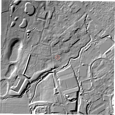 Shaded relief map of the ground around PO77JS, computed from Environment Agency LiDAR. The ground here sits at about 35 m above sea level and falls 14 m across the surrounding 800 m. Surface water reaching this point runs off ground lying to the north-north-west, 1.1 m higher.