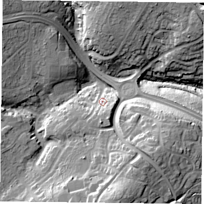 Shaded relief map of the ground around PO77NE, computed from Environment Agency LiDAR. The ground here sits at about 36 m above sea level and falls 34 m across the surrounding 800 m. Surface water reaching this point runs off ground lying to the south, 10.9 m higher.