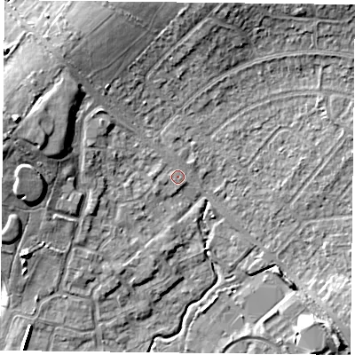Shaded relief map of the ground around PO77PU, computed from Environment Agency LiDAR. The ground here sits at about 38 m above sea level and falls 12 m across the surrounding 800 m. Surface water reaching this point runs off ground lying to the north, 6.8 m higher.