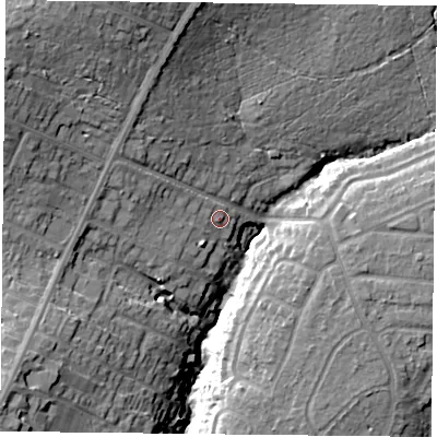 Shaded relief map of the ground around PO77PX, computed from Environment Agency LiDAR. The ground here sits at about 45 m above sea level and falls 28 m across the surrounding 800 m. Surface water reaching this point runs off ground lying to the north-west, 2.0 m higher.