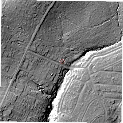 Shaded relief map of the ground around PO77PY, computed from Environment Agency LiDAR. The ground here sits at about 45 m above sea level and falls 28 m across the surrounding 800 m. Surface water reaching this point runs off ground lying to the north-north-west, 10.7 m higher.