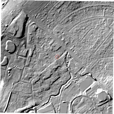 Shaded relief map of the ground around PO77QF, computed from Environment Agency LiDAR. The ground here sits at about 37 m above sea level and falls 14 m across the surrounding 800 m. Surface water reaching this point runs off ground lying to the west, 2.2 m higher.
