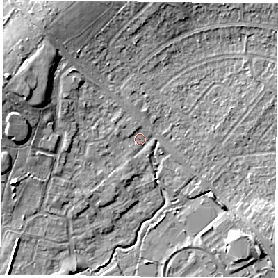 Shaded relief map of the ground around PO77QY, computed from Environment Agency LiDAR. The ground here sits at about 37 m above sea level and falls 13 m across the surrounding 800 m. Surface water reaching this point runs off ground lying to the west-north-west, 9.6 m higher.