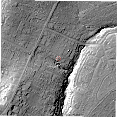 Shaded relief map of the ground around PO77SZ, computed from Environment Agency LiDAR. The ground here sits at about 45 m above sea level and falls 28 m across the surrounding 800 m. Surface water reaching this point runs off ground lying to the north-north-west, 5.9 m higher.