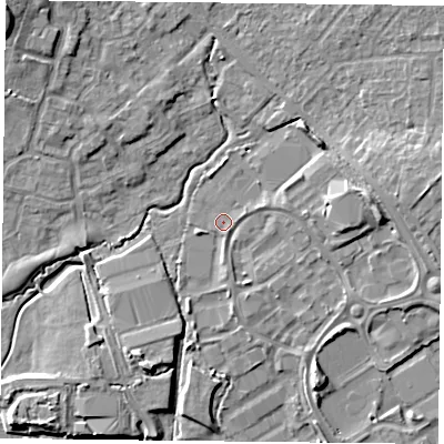 Shaded relief map of the ground around PO77TH, computed from Environment Agency LiDAR. The ground here sits at about 36 m above sea level and falls 12 m across the surrounding 800 m. Surface water reaching this point runs off ground lying to the south-south-east, 1.3 m higher.
