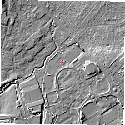 Shaded relief map of the ground around PO77TP, computed from Environment Agency LiDAR. The ground here sits at about 36 m above sea level and falls 10 m across the surrounding 800 m. Surface water reaching this point runs off ground lying to the east, 4.3 m higher.
