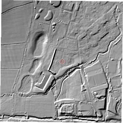 Shaded relief map of the ground around PO77TT, computed from Environment Agency LiDAR. The ground here sits at about 34 m above sea level and falls 15 m across the surrounding 800 m. Surface water reaching this point runs off ground lying to the north-north-east, 3.9 m higher.