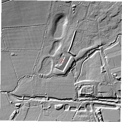 Shaded relief map of the ground around PO77TX, computed from Environment Agency LiDAR. The ground here sits at about 33 m above sea level and falls 12 m across the surrounding 800 m. Surface water reaching this point runs off ground lying to the north-east, 2.3 m higher.