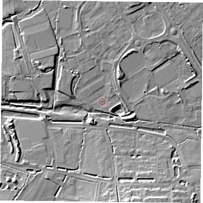 Shaded relief map of the ground around PO77XN, computed from Environment Agency LiDAR. The ground here sits at about 34 m above sea level and falls 15 m across the surrounding 800 m. Surface water reaching this point runs off ground lying to the north-north-east, 2.6 m higher.