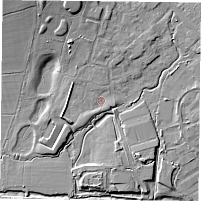 Shaded relief map of the ground around PO77XT, computed from Environment Agency LiDAR. The ground here sits at about 34 m above sea level and falls 14 m across the surrounding 800 m. Surface water reaching this point runs off ground lying to the east-south-east, 1.6 m higher.