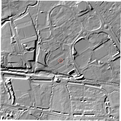 Shaded relief map of the ground around PO77XU, computed from Environment Agency LiDAR. The ground here sits at about 34 m above sea level and falls 13 m across the surrounding 800 m. Surface water reaching this point runs off ground lying to the north-east, 2.5 m higher.