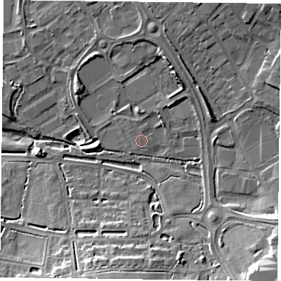Shaded relief map of the ground around PO77XY, computed from Environment Agency LiDAR. The ground here sits at about 35 m above sea level and falls 18 m across the surrounding 800 m. The ground contributing surface water to this point lies to the east.