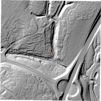 Shaded relief map of the ground around PO78QQ, computed from Environment Agency LiDAR. The ground here sits at about 27 m above sea level and falls 37 m across the surrounding 800 m. Surface water reaching this point runs off ground lying to the north-west, 24.7 m higher.