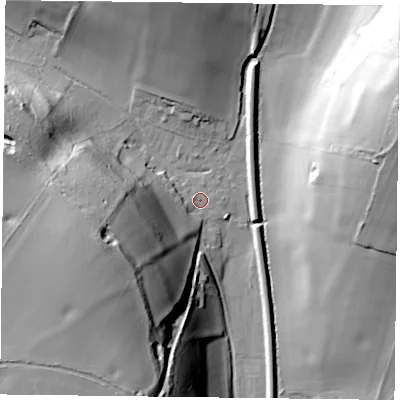 Shaded relief map of the ground around PO80AU, computed from Environment Agency LiDAR. The ground here sits at about 43 m above sea level and falls 42 m across the surrounding 800 m. Surface water reaching this point runs off ground lying to the west-south-west, 38.1 m higher.