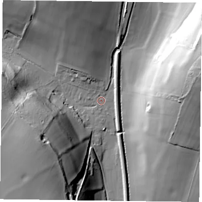 Shaded relief map of the ground around PO80AY, computed from Environment Agency LiDAR. The ground here sits at about 42 m above sea level and falls 41 m across the surrounding 800 m. Surface water reaching this point runs off ground lying to the south-west, 39.4 m higher.