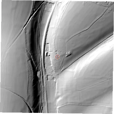 Shaded relief map of the ground around PO80BD, computed from Environment Agency LiDAR. The ground here sits at about 79 m above sea level and falls 53 m across the surrounding 800 m. Surface water reaching this point runs off ground lying to the north-north-east, 8.2 m higher.