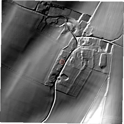 Shaded relief map of the ground around PO80BG, computed from Environment Agency LiDAR. The ground here sits at about 93 m above sea level and falls 54 m across the surrounding 800 m. Surface water reaching this point runs off ground lying to the east, 23.0 m higher.