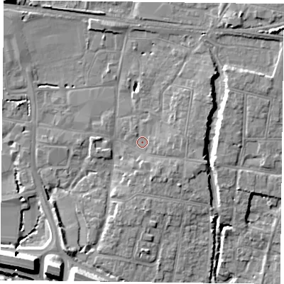 Shaded relief map of the ground around PO91AA, computed from Environment Agency LiDAR. The ground here sits at about 9 m above sea level and falls 11 m across the surrounding 800 m. Surface water reaching this point runs off ground lying to the east, 2.6 m higher.