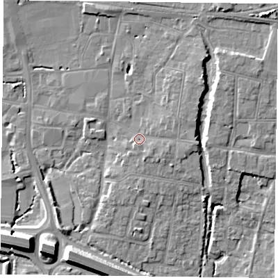 Shaded relief map of the ground around PO91AQ, computed from Environment Agency LiDAR. The ground here sits at about 9 m above sea level and falls 11 m across the surrounding 800 m. Surface water reaching this point runs off ground lying to the east, 2.8 m higher.