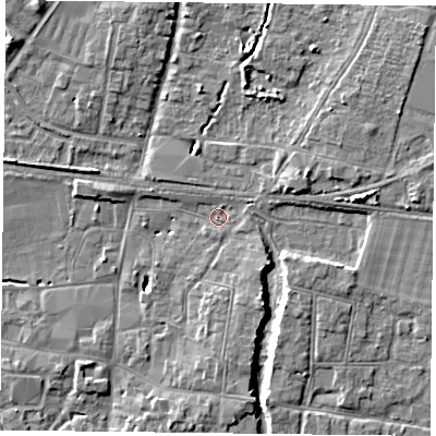 Shaded relief map of the ground around PO91BH, computed from Environment Agency LiDAR. The ground here sits at about 10 m above sea level and falls 8 m across the surrounding 800 m. Surface water reaching this point runs off ground lying to the east-north-east, 1.6 m higher.