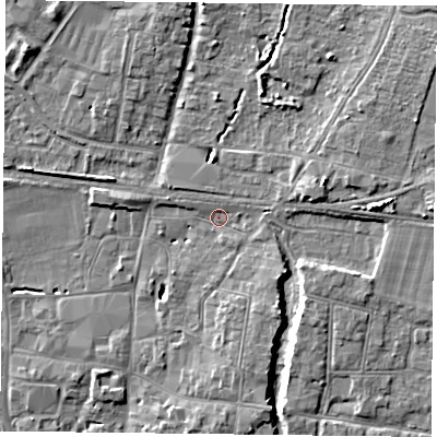 Shaded relief map of the ground around PO91BJ, computed from Environment Agency LiDAR. The ground here sits at about 10 m above sea level and falls 8 m across the surrounding 800 m. Surface water reaching this point runs off ground lying to the east, 1.7 m higher.