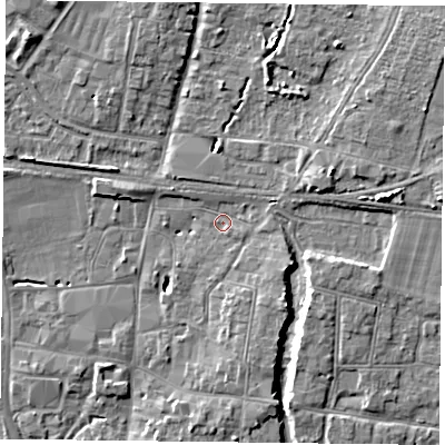 Shaded relief map of the ground around PO91BL, computed from Environment Agency LiDAR. The ground here sits at about 10 m above sea level and falls 8 m across the surrounding 800 m. Surface water reaching this point runs off ground lying to the east-north-east, 1.7 m higher.