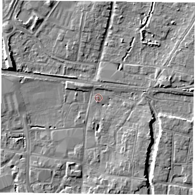 Shaded relief map of the ground around PO91BN, computed from Environment Agency LiDAR. The ground here sits at about 9 m above sea level and falls 9 m across the surrounding 800 m. Surface water reaching this point runs off ground lying to the north-north-east, 1.6 m higher.
