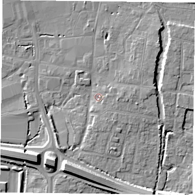 Shaded relief map of the ground around PO91BU, computed from Environment Agency LiDAR. The ground here sits at about 8 m above sea level and falls 11 m across the surrounding 800 m. Surface water reaching this point runs off ground lying to the south-east, 2.8 m higher.