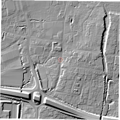 Shaded relief map of the ground around PO91DA, computed from Environment Agency LiDAR. The ground here sits at about 8 m above sea level and falls 11 m across the surrounding 800 m. Surface water reaching this point runs off ground lying to the east, 4.2 m higher.