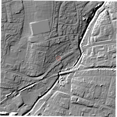 Shaded relief map of the ground around PO91DD, computed from Environment Agency LiDAR. The ground here sits at about 9 m above sea level and falls 15 m across the surrounding 800 m. Surface water reaching this point runs off ground lying to the north-west, 5.9 m higher.