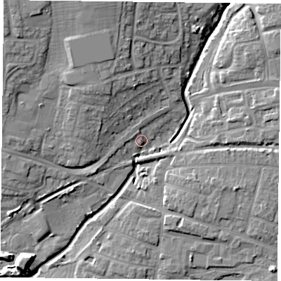 Shaded relief map of the ground around PO91DE, computed from Environment Agency LiDAR. The ground here sits at about 8 m above sea level and falls 16 m across the surrounding 800 m. Surface water reaching this point runs off ground lying to the west, 2.2 m higher.
