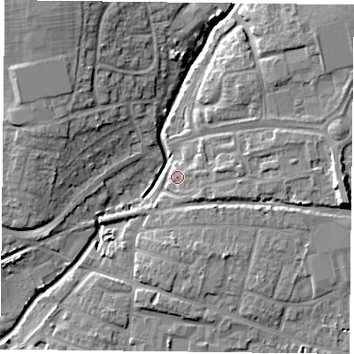 Shaded relief map of the ground around PO91DH, computed from Environment Agency LiDAR. The ground here sits at about 8 m above sea level and falls 13 m across the surrounding 800 m. Surface water reaching this point runs off ground lying to the east-north-east, 4.2 m higher.