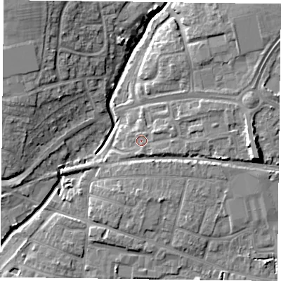 Shaded relief map of the ground around PO91DJ, computed from Environment Agency LiDAR. The ground here sits at about 9 m above sea level and falls 13 m across the surrounding 800 m. Surface water reaching this point runs off ground lying to the east-north-east, 2.6 m higher.
