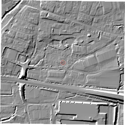 Shaded relief map of the ground around PO91DQ, computed from Environment Agency LiDAR. The ground here sits at about 6 m above sea level and falls 12 m across the surrounding 800 m. Surface water reaching this point runs off ground lying to the north-east, 3.7 m higher.