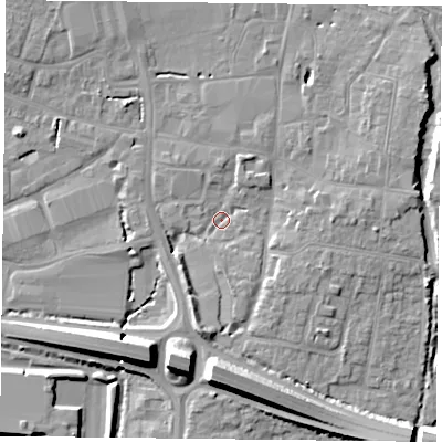 Shaded relief map of the ground around PO91EB, computed from Environment Agency LiDAR. The ground here sits at about 7 m above sea level and falls 11 m across the surrounding 800 m. Surface water reaching this point runs off ground lying to the south, 9.3 m higher.