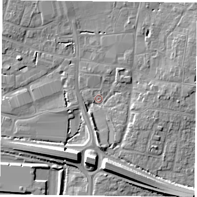 Shaded relief map of the ground around PO91ED, computed from Environment Agency LiDAR. The ground here sits at about 7 m above sea level and falls 11 m across the surrounding 800 m. Surface water reaching this point runs off ground lying to the south, 9.3 m higher.