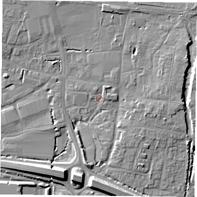 Shaded relief map of the ground around PO91EE, computed from Environment Agency LiDAR. The ground here sits at about 8 m above sea level and falls 11 m across the surrounding 800 m. Surface water reaching this point runs off ground lying to the south, 9.3 m higher.