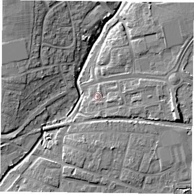 Shaded relief map of the ground around PO91EF, computed from Environment Agency LiDAR. The ground here sits at about 9 m above sea level and falls 14 m across the surrounding 800 m. Surface water reaching this point runs off ground lying to the east-south-east, 1.9 m higher.