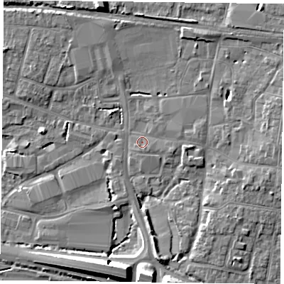 Shaded relief map of the ground around PO91ER, computed from Environment Agency LiDAR. The ground here sits at about 8 m above sea level and falls 11 m across the surrounding 800 m. Surface water reaching this point runs off ground lying to the east, 1.4 m higher.