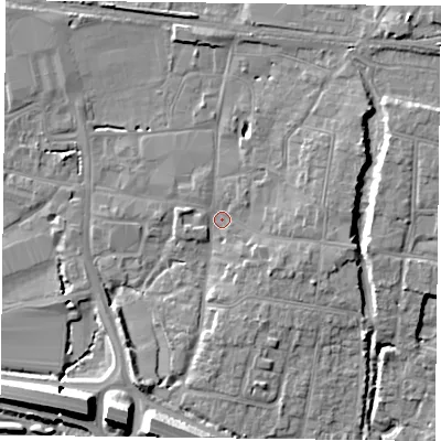 Shaded relief map of the ground around PO91EY, computed from Environment Agency LiDAR. The ground here sits at about 9 m above sea level and falls 11 m across the surrounding 800 m. Surface water reaching this point runs off ground lying to the east-south-east, 3.7 m higher.