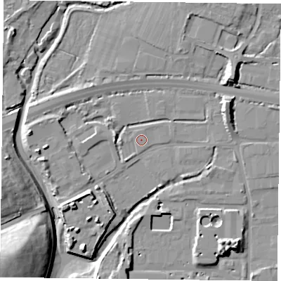 Shaded relief map of the ground around PO91FA, computed from Environment Agency LiDAR. The ground here sits at about 4 m above sea level and falls 20 m across the surrounding 800 m. Surface water reaching this point runs off ground lying to the south-east, 0.5 m higher.