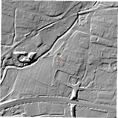 Shaded relief map of the ground around PO91FB, computed from Environment Agency LiDAR. The ground here sits at about 8 m above sea level and falls 12 m across the surrounding 800 m. Surface water reaching this point runs off ground lying to the east, 1.8 m higher.