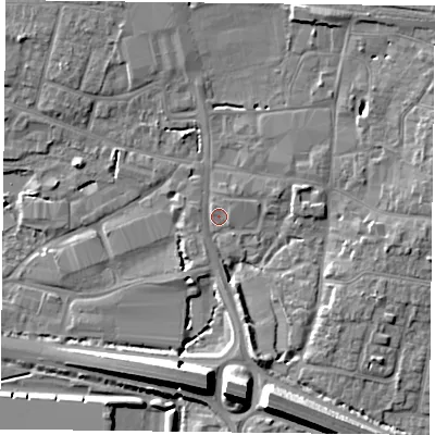 Shaded relief map of the ground around PO91FG, computed from Environment Agency LiDAR. The ground here sits at about 8 m above sea level and falls 11 m across the surrounding 800 m. Surface water reaching this point runs off ground lying to the south-south-east, 9.3 m higher.