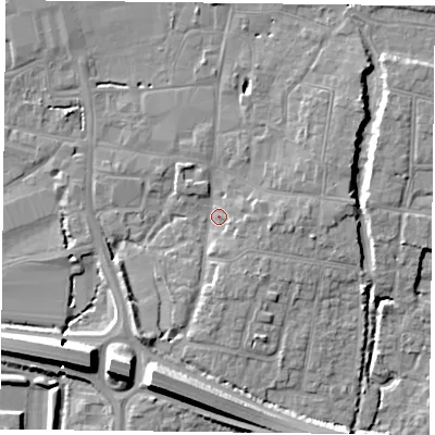 Shaded relief map of the ground around PO91FH, computed from Environment Agency LiDAR. The ground here sits at about 8 m above sea level and falls 11 m across the surrounding 800 m. Surface water reaching this point runs off ground lying to the east, 4.2 m higher.
