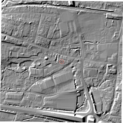 Shaded relief map of the ground around PO91FN, computed from Environment Agency LiDAR. The ground here sits at about 8 m above sea level and falls 11 m across the surrounding 800 m. The ground contributing surface water to this point lies to the east.