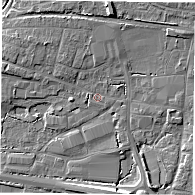 Shaded relief map of the ground around PO91FP, computed from Environment Agency LiDAR. The ground here sits at about 8 m above sea level and falls 11 m across the surrounding 800 m. Surface water reaching this point runs off ground lying to the north-east, 3.9 m higher.