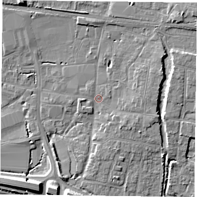 Shaded relief map of the ground around PO91FQ, computed from Environment Agency LiDAR. The ground here sits at about 9 m above sea level and falls 11 m across the surrounding 800 m. Surface water reaching this point runs off ground lying to the east-south-east, 3.3 m higher.