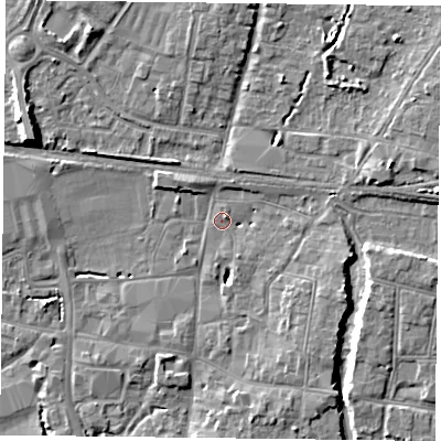 Shaded relief map of the ground around PO91FR, computed from Environment Agency LiDAR. The ground here sits at about 9 m above sea level and falls 9 m across the surrounding 800 m. Surface water reaching this point runs off ground lying to the east-north-east, 3.1 m higher.